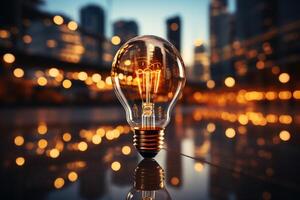 A successful idea depicted by a shining bulb against a business background photo