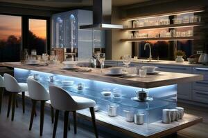 Trendy modern luxury kitchen boasting a captivating white LED lighting scheme AI Generated photo