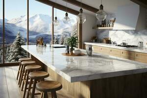 Bright and luxurious kitchen showcasing a spacious marble countertop AI Generated photo