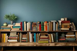 Wide banner featuring bookshelf and stack of hardcovered books, perfect for literature advertisement AI Generated photo