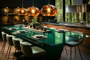 contemporáneo cocina con un central verde mesa en un moderno interior ai generado foto
