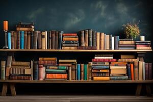 Literature-themed banner featuring a bookshelf, stack of hardcovered books, and copy space AI Generated photo