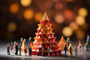 Teamwork and diversity showcased through a vibrant human pyramid of paper figures AI Generated photo