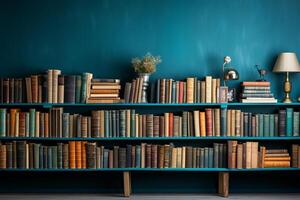 Captivating literature background banner with bookshelf, stack of hardcovered books, and copy space photo