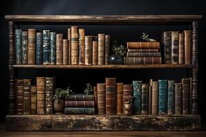 Grungy bookshelf holds vintage books, evoking a sense of history AI Generated photo