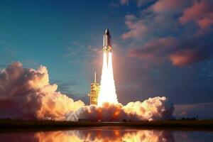 embarcarse en un viaje, cohete lanzamiento simboliza puesta en marcha negocio éxito ai generado foto