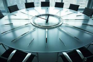 Time for the meeting, Round table with a large clock AI Generated photo