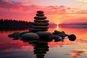 calmante aguas de plataforma zen piedras en medio de un asombroso puesta de sol ai generado foto