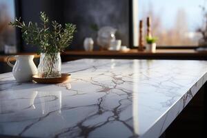 Bright and elegant kitchen with a spacious marble countertop and copy space AI Generated photo