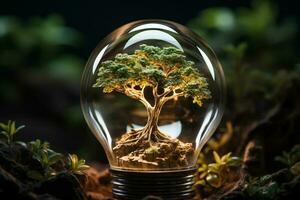 Innovative sustainability, Light bulb cultivates tree, symbolizing earth day values AI Generated photo