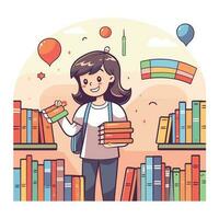 Vector of a woman holding a stack of books in front of a bookshelf