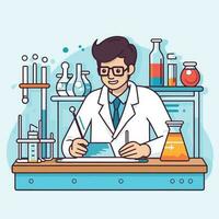 vector de un científico utilizando un tableta para investigación en un laboratorio