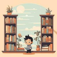 Vector of a young boy standing in front of a bookshelf filled with books