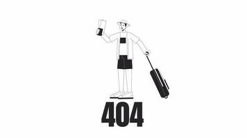 Traveler with airline tickets carrying suitcase black and white error 404 animation. Trip man error message gif, motion graphic. Going on vacation animated character linear 4K video isolated on white