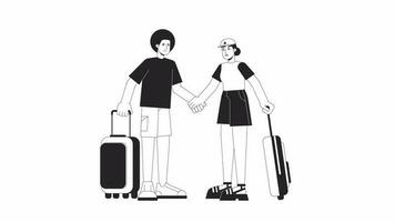 Couple on vacation bw outline cartoon animation. Honeymoon 4K video motion graphic. Afro hair man and asian woman holding hands 2D monochrome linear animated characters isolated on white background
