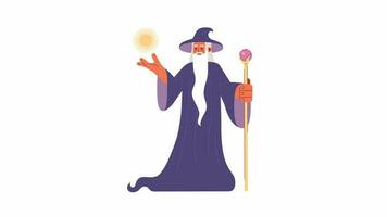 Merlin wizard spelling fireball cartoon animation. Medieval magician with long beard 4K video motion graphic. Fantasy sorcerer with magic rod 2D color animated character isolated on white background