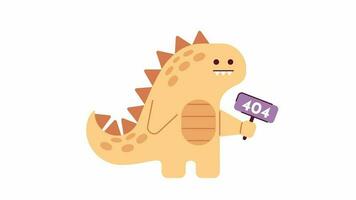 Cute dinosaur holding 404 error animation. T rex animal error message gif, motion graphic. Adorable prehistorical reptile. Baby dino animated character cartoon 4K video isolated on white background