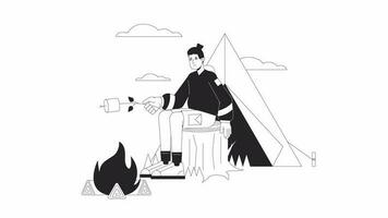 Tent camping with toasted marshmallow bw outline cartoon animation. Forest vacation 4K video motion graphic. Male hiker 2D monochrome linear animated character isolated on white background