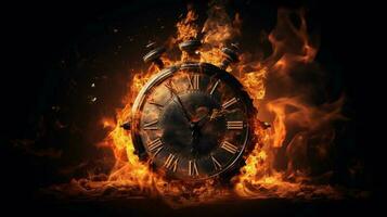 Time concept. Clock burning in fire on black background with copy space.AI Generate photo