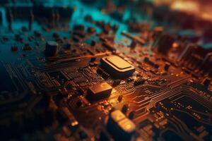 Close up of electronic circuit board with microcircuits. Technology background. photo