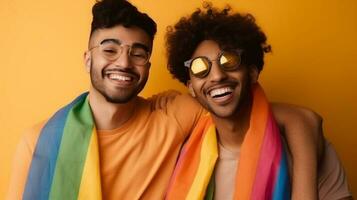 alegre multiétnico gay Pareja con arco iris banderas aislado en amarillo. lgbtq comunidad concepto.ai generar foto