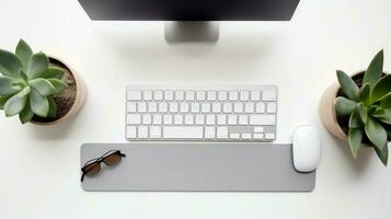 Top view of modern workplace with computer keyboard, glasses and succulent plants on white background.AI Generate photo