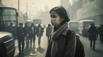 joven hermosa y contento asiático coreano mujer en máscara caminando en el ciudad calle a temprano Mañana con tráfico mermelada y urbano antecedentes vistiendo cara máscara en covid19 virus concepto foto