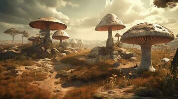 Beautiful fantasy landscape with mushrooms in the mountains.AI Generate photo