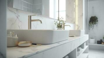 moderno baño interior con blanco mármol paredes, embaldosado piso y doble fregadero.ai generar foto