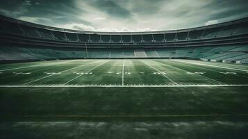 vacío fútbol americano estadio con verde césped campo y nublado cielo, tonificado.ai generar foto