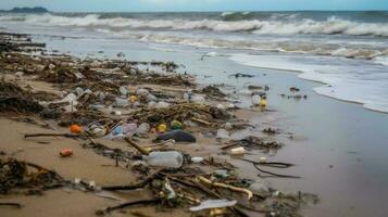 Pollution on the beach. Pollution of nature. Garbage on the beach.AI Generate photo