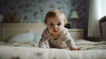 retrato de un linda bebé niña en el cama a casa.ai generar foto