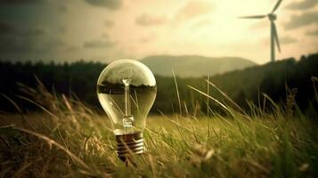 Light bulb on the grass with wind turbines in the background. Alternative energy concept.AI Generate photo