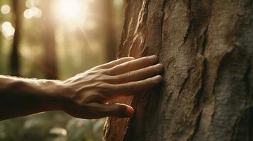 cerca arriba de humano mano conmovedor árbol maletero con luz de sol en bosque. concepto de preocupación para naturaleza y el medio ambiente.ai generar foto