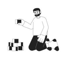 Happy bearded father playing with constructor cubes monochromatic flat vector character. Dad stacking blocks. Editable thin line person on white. Simple bw cartoon spot image for web graphic design