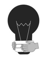 Light bulb in hands bw concept vector spot illustration. Inspiration business 2D cartoon flat line monochromatic hand for web UI design. Innovation strategy editable isolated outline hero image