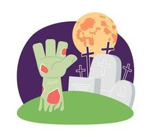 zombi cementerio en Víspera de Todos los Santos noche plano concepto vector Mancha ilustración. Luna noche cielo en escalofriante cementerio 2d dibujos animados escena en blanco para web ui diseño. aislado editable creativo héroe imagen