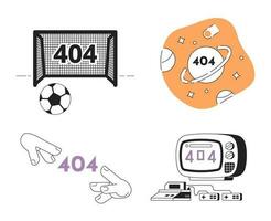 Activity and hobbies black white error 404 flash messages pack. Empty state ui design. Page not found popup cartoon images. Vector flat illustrations concept on white background