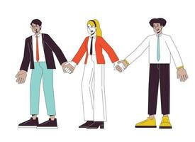 Diverse corporate employees holding hands flat line color vector characters. Editable outline full body people on white. Diverse coworkers simple cartoon spot illustration for web graphic design