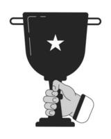 Holding trophy cup bw concept vector spot illustration. Trophy 1st place 2D cartoon flat line monochromatic hand for web UI design. Win prize. Celebration winner editable isolated outline hero image