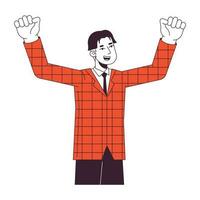 Asian office worker with hands up flat line color vector character. Editable outline half body person on white. Man in plaid suit jacket simple cartoon spot illustration for web graphic design