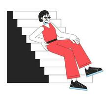 Unhappy woman falls from stairs flat line color vector character. Editable outline full body girl touch back injury on white. Simple cartoon spot illustration for web graphic design