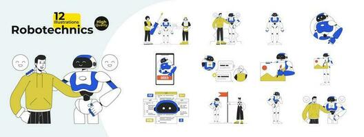 Robotechnics flat line concept vector spot illustrations bundle. Robot human interaction. Modern technologies 2D cartoon characters on white for web UI design. Editable hero image collection