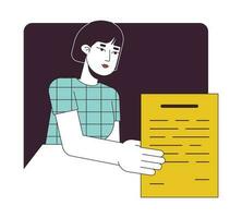 Female office worker giving document flat line color vector character. Editable outline half body person on white. Lady handing out paper simple cartoon spot illustration for web graphic design