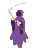 Halloween death flat concept vector spot illustration. Grim reaper holding scythe 2D cartoon character on white for web UI design. Spirit Helloween cosplay isolated editable creative hero image