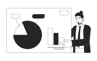 Presentation business man bw concept vector spot illustration. European male sales manager 2D cartoon flat line monochromatic character for web UI design. Editable isolated outline hero image