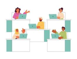 Multiracial people at office 2D vector isolated spot illustrations. Workers sitting at desks and typing on laptops flat characters on white background. Office work colorful editable scene