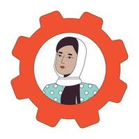 Female office worker in hijab flat color cartoon avatar icon. Editable 2D user portrait linear illustration. Isolated vector face profile clipart. Userpic cog gear, person head and shoulders