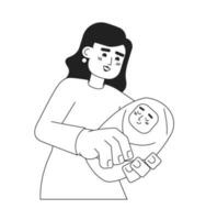 European mom holding baby monochromatic flat vector characters. Motherhood. New parent with wrapped infant. Editable thin line people on white. Simple bw cartoon spot image for web graphic design