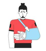 Disappointed man with broken arm flat line color vector character. Editable outline half body male with bandaged wrist on white. Simple cartoon spot illustration for web graphic design